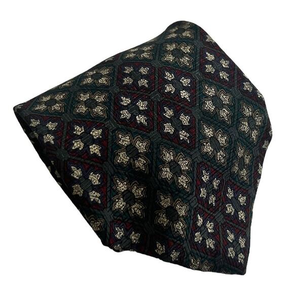 Etienne Aigner Gray Green Burgundy Tan Floral Diamond Pattern Silk Tie - Picture 1 of 6